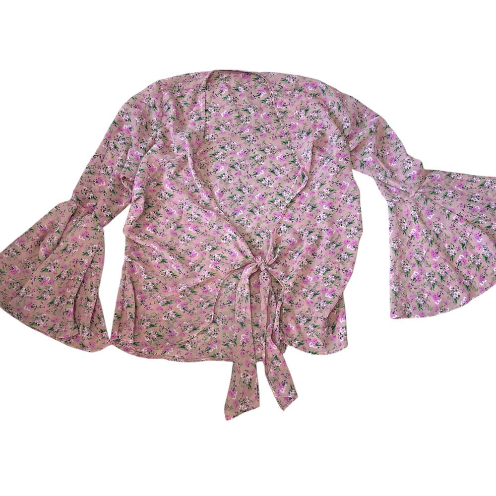 Glory Ang Pink Floral Flair Bell Sleeve Cottagecore Tie Wrap Blouse Retro Boho S